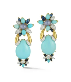 David Webb Earrings*Asheville Earrings, Hammered 18K Gold, Turquoise, Diamonds