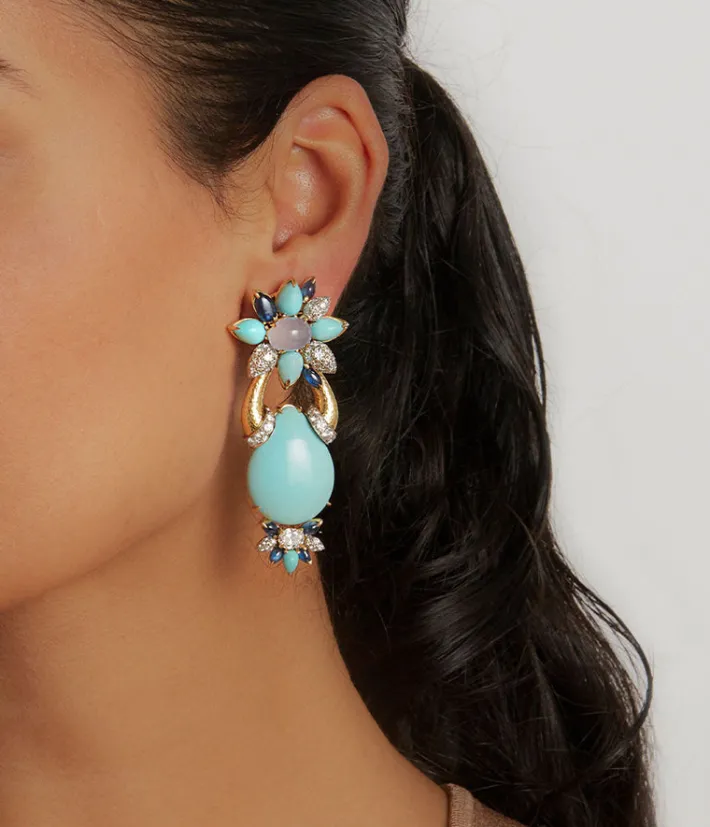 David Webb Earrings*Asheville Earrings, Hammered 18K Gold, Turquoise, Diamonds