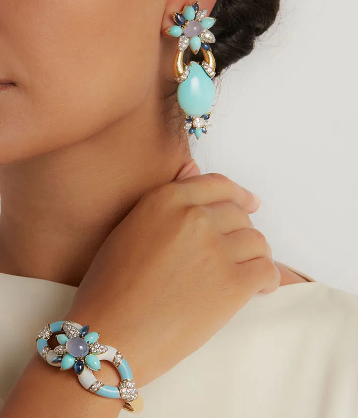 David Webb Earrings*Asheville Earrings, Hammered 18K Gold, Turquoise, Diamonds