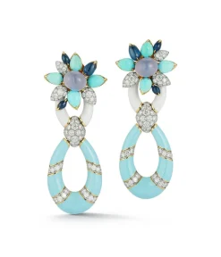 David Webb Earrings*Asheville Earrings, Light Blue Enamel, Turquoise, Diamonds