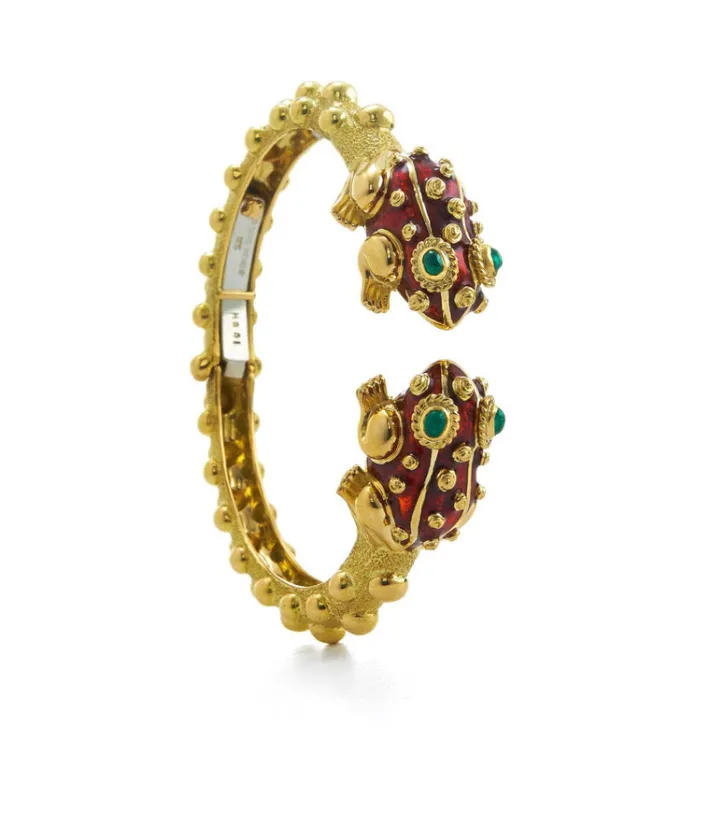 David Webb Bracelets*Baby Frog Bangle, Red Enamel, Emerald