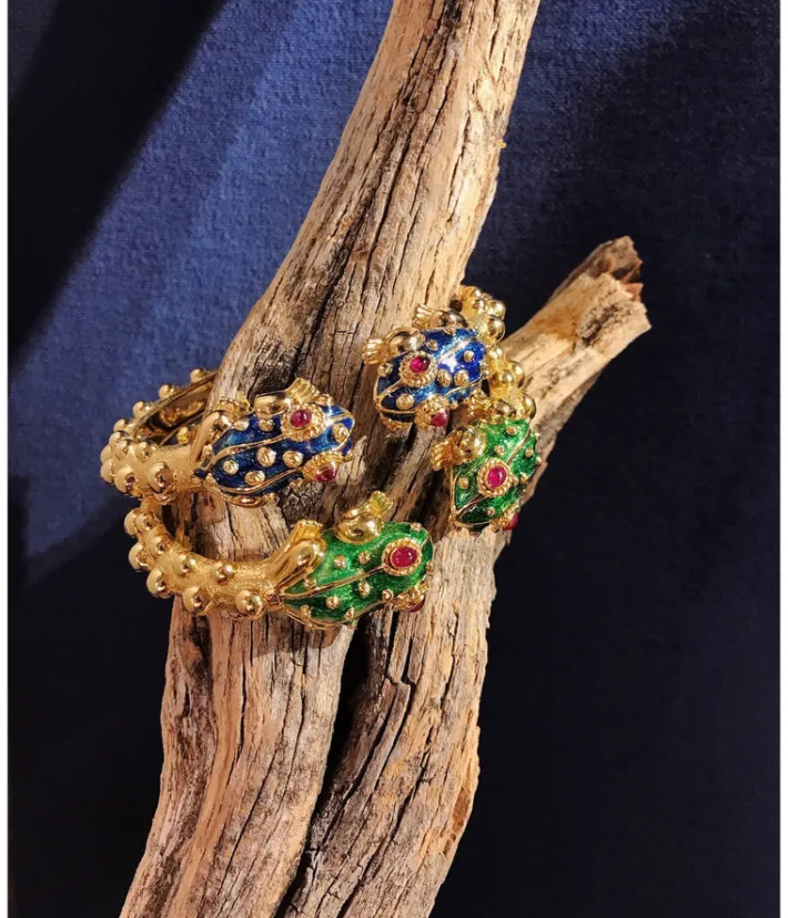 David Webb Bracelets*Baby Frog Bangle, Royal Blue Enamel, Ruby