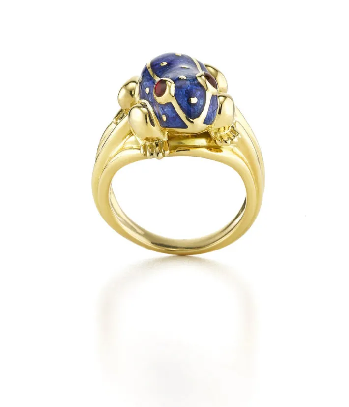 David Webb Rings*Baby Frog Ring, Blue Enamel