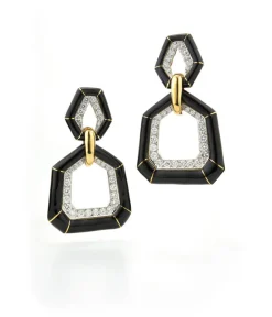David Webb Earrings*Bamboo Earrings, Black Enamel