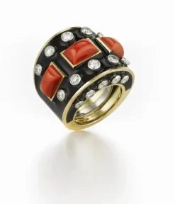 David Webb Rings*Bastille Ring, Coral, Black Enamel