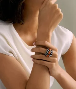 David Webb Rings*Bastille Ring, Coral, Black Enamel