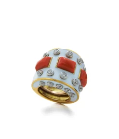 David Webb Rings*Bastille Ring, Coral, White Enamel