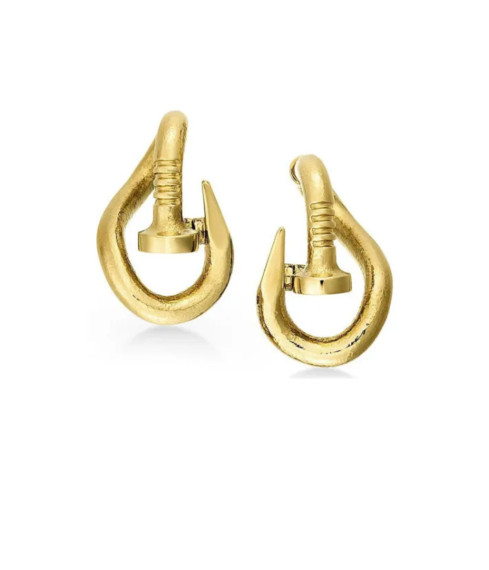 David Webb Earrings*Bent Nail Earrings, Hammered 18K Gold