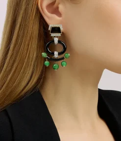 David Webb Earrings*Black Onyx Pagoda Earrings, Jade Beads