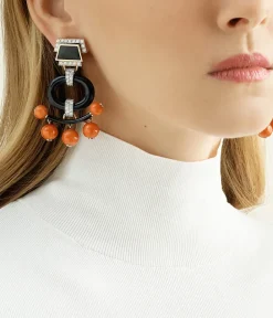 David Webb Earrings*Black Onyx Pagoda Earrings, Coral Beads