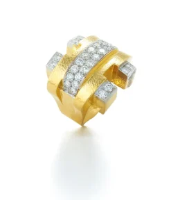 David Webb Rings*Bridge Ring, Diamonds, Hammered 18K Gold