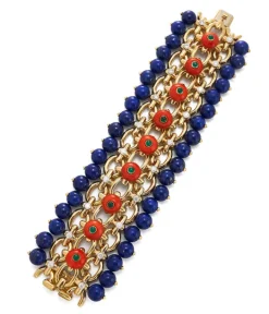 David Webb Bracelets*Brocade Bracelet, Diamonds, Coral, Emerald, Lapis Lazuli