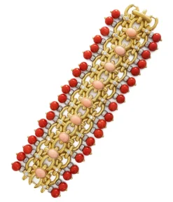 David Webb Bracelets*Brocade Bracelet, Hammered 18K Gold, Diamonds, Coral