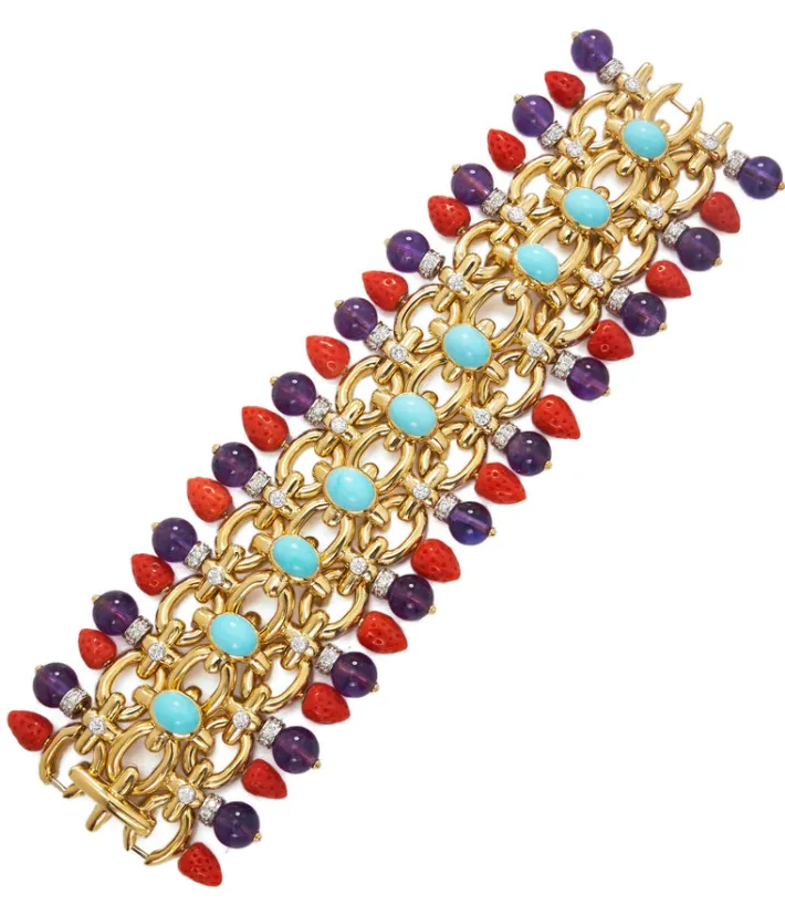David Webb Bracelets*Brocade Bracelet, Turquoise, Coral, Amethyst
