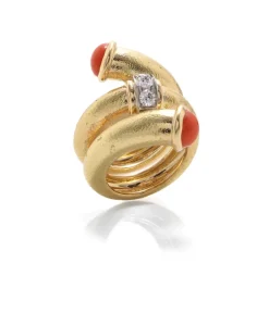 David Webb Rings*Coral Pipe Ring, Hammered 18K Gold