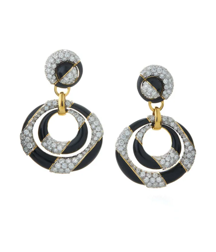 David Webb Earrings*Cosmos Diamond Earrings, Black Enamel