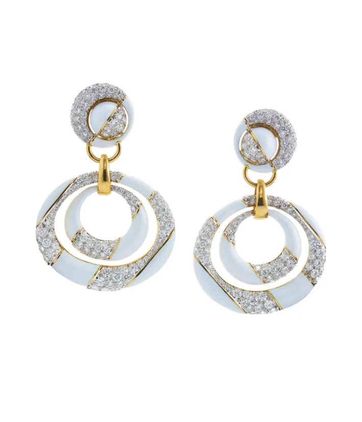 David Webb Earrings*Cosmos Diamond Earrings, White Enamel