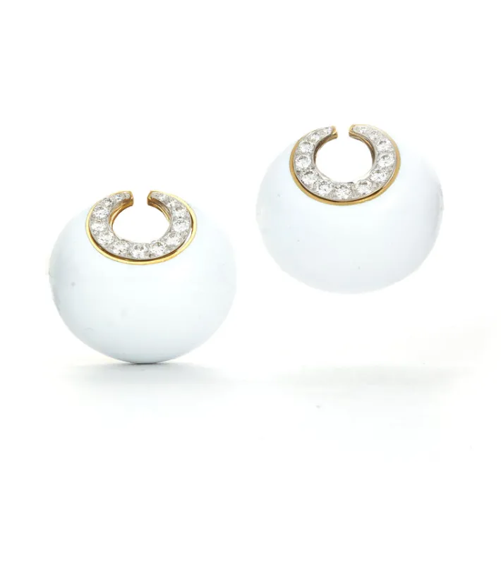 David Webb Earrings*Crescent Moon Earrings, White Enamel