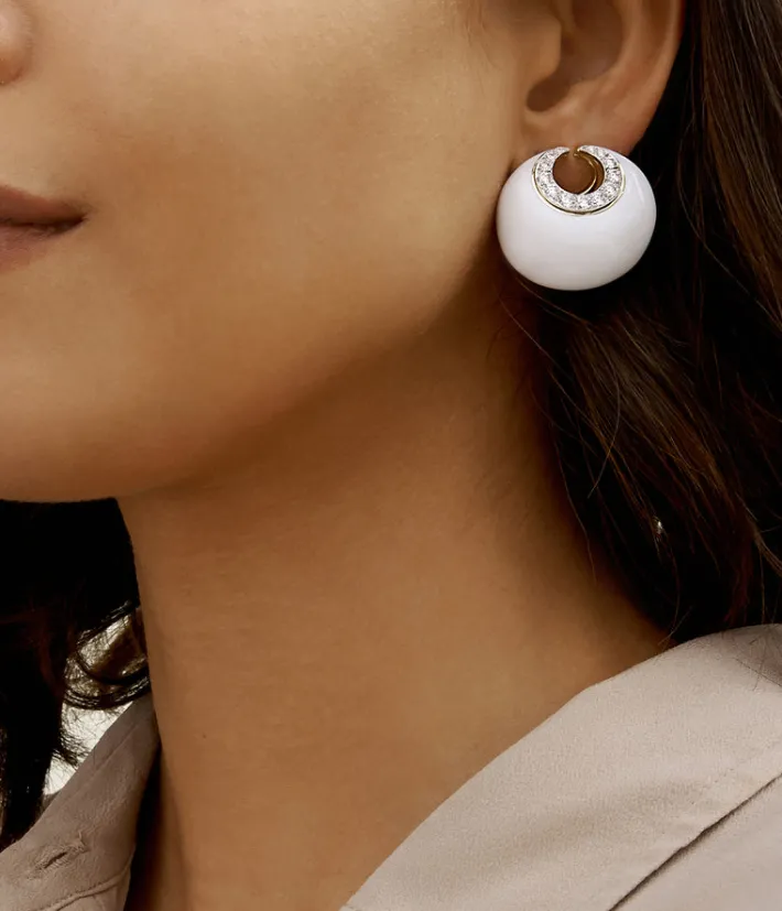 David Webb Earrings*Crescent Moon Earrings, White Enamel