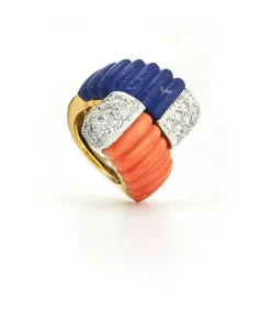 David Webb Rings*Crossover Ring, Coral, Lapis Lazuli