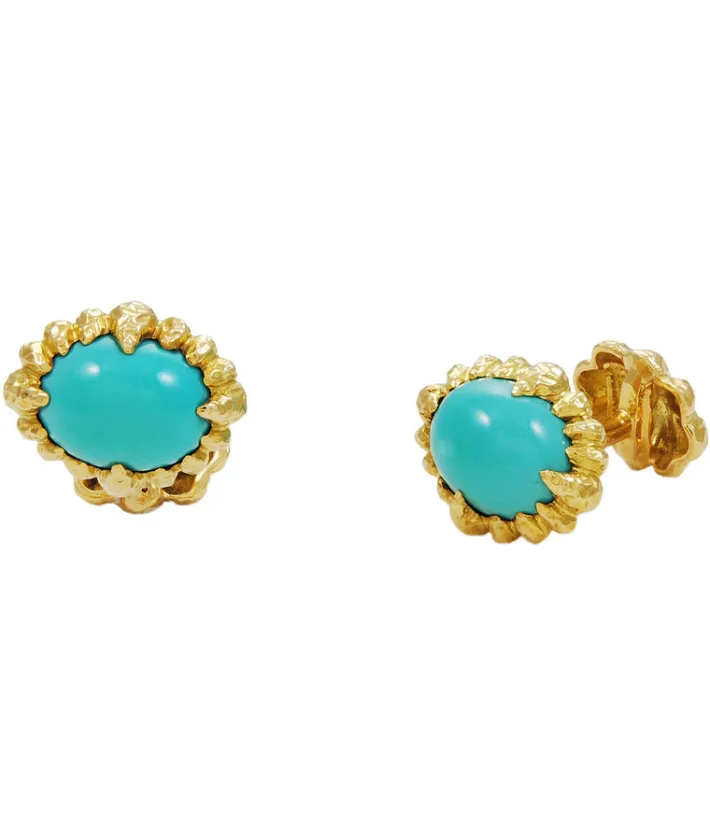 David Webb Cuff Links*Cuff Links, Hammered 18K Gold, Turquoise