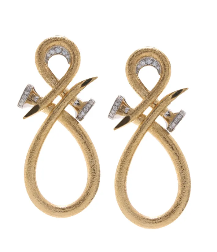 David Webb Earrings*Diamond Tip Infinity Nail Earrings, Hammered 18K Gold