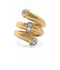 David Webb Rings*Diamond Tip Pipe Ring, Hammered 18K Gold