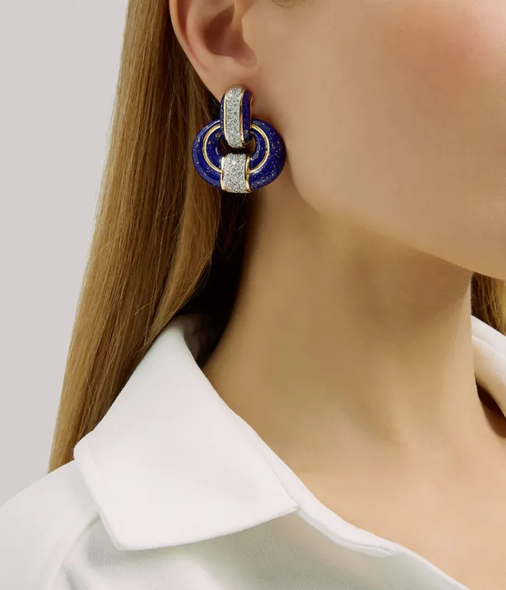 David Webb Earrings*Doorknocker Earrings, Blue Enamel, 24K Gold Dust