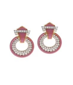 David Webb Earrings*Doorknocker Earrings, Pink Enamel