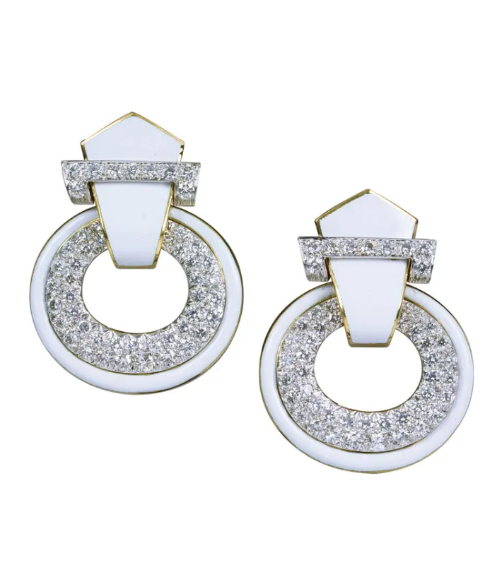 David Webb Earrings*Doorknocker Earrings, White Enamel