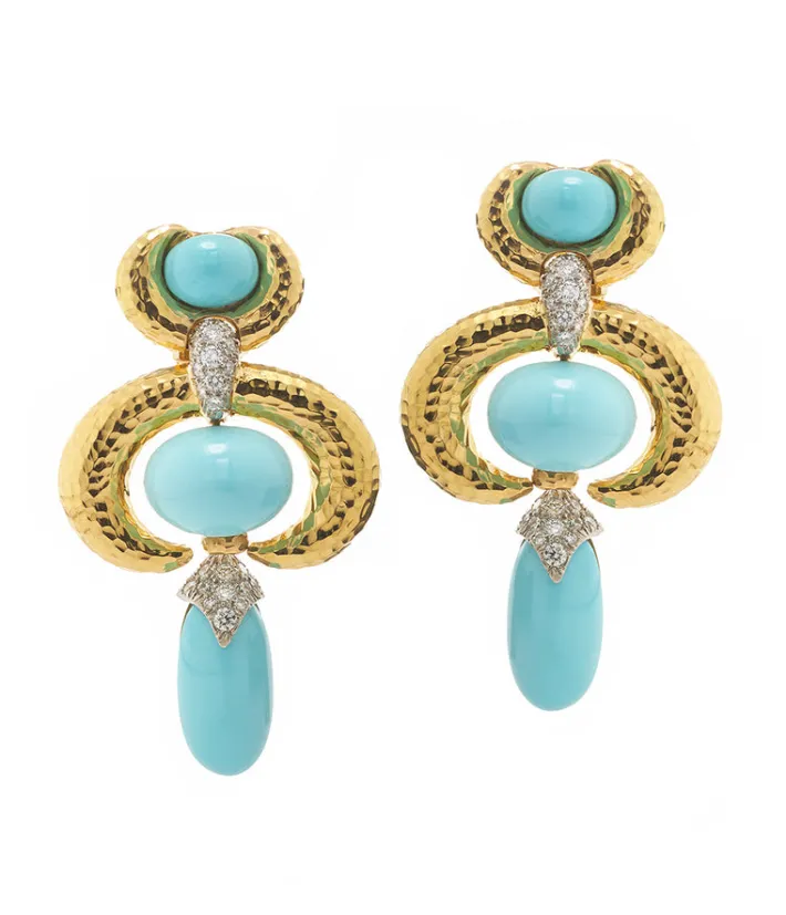 David Webb Earrings*Double Crescent Pear Drop Earrings, Turquoise