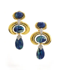 David Webb Earrings*Double Crescent Pear Drop Earrings, Azurmalachite