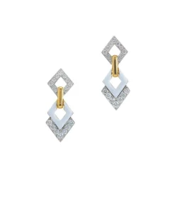 David Webb Earrings*Double Diamond Drop Earrings, White Enamel