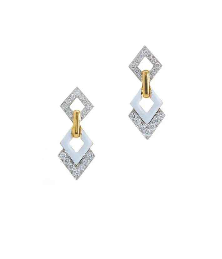 David Webb Earrings*Double Diamond Drop Earrings, White Enamel