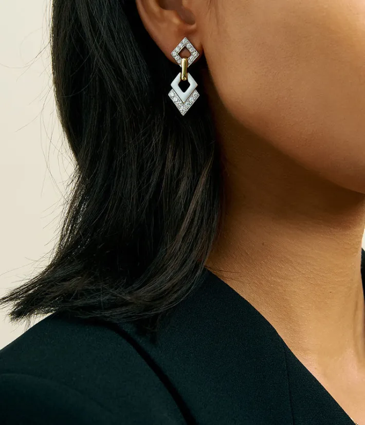 David Webb Earrings*Double Diamond Drop Earrings, White Enamel