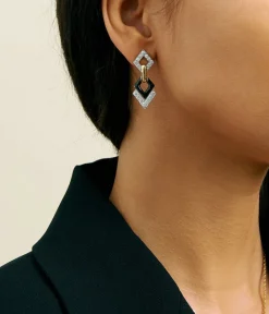 David Webb Earrings*Double Diamond Drop Earrings, Black Enamel