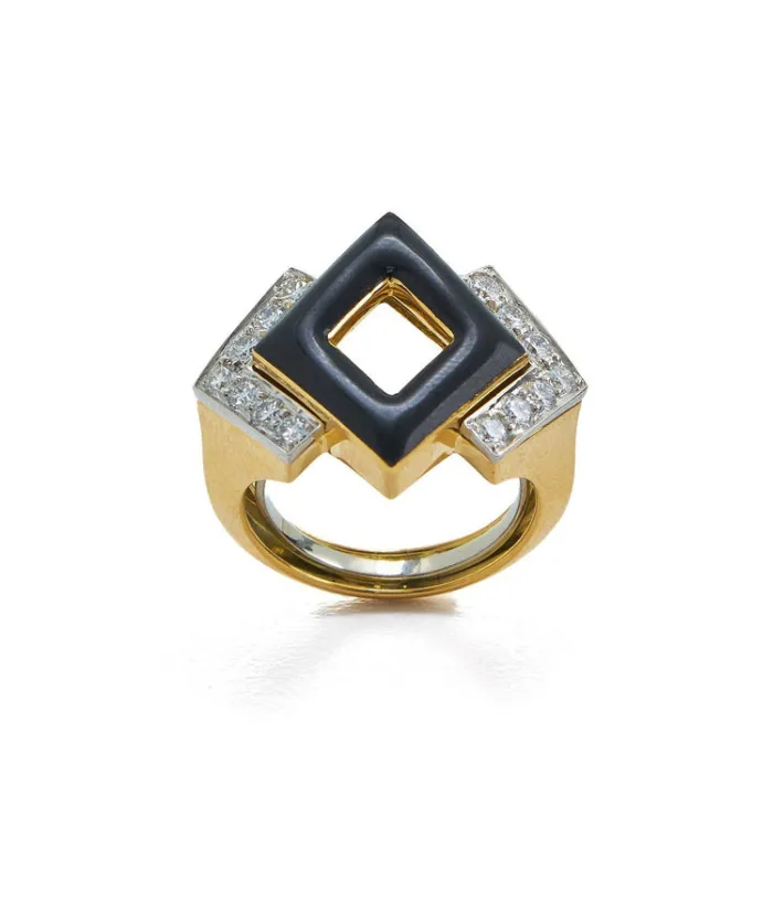 David Webb Rings*Double Diamond Ring, Black Enamel