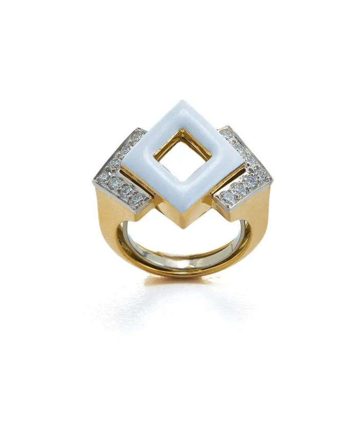 David Webb Rings*Double Diamond Ring, White Enamel
