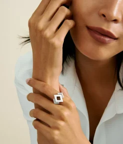 David Webb Rings*Double Diamond Ring, White Enamel