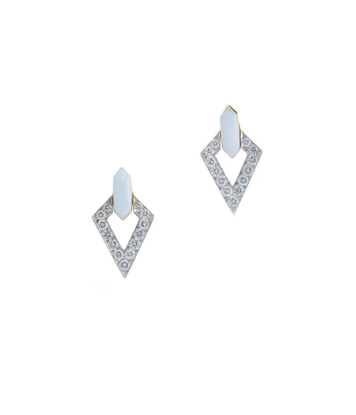 David Webb Earrings*Double Diamond Stud Earrings, White Enamel
