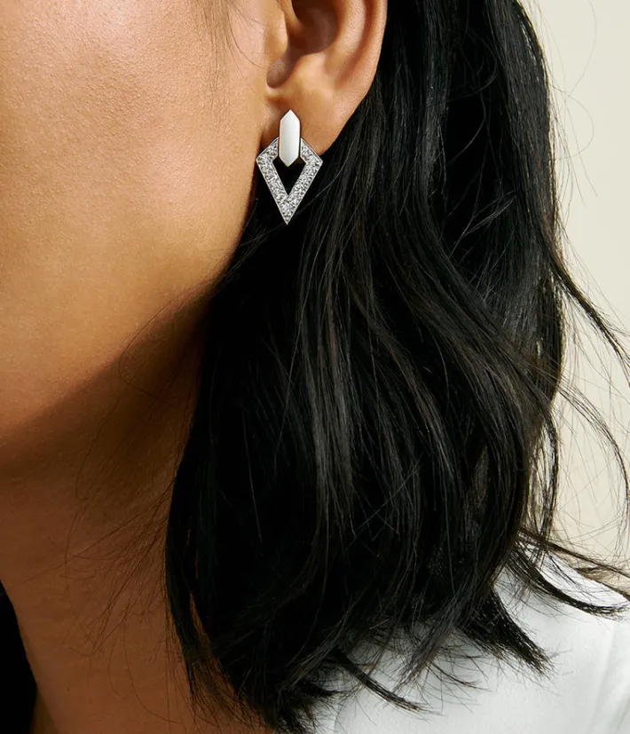 David Webb Earrings*Double Diamond Stud Earrings, White Enamel