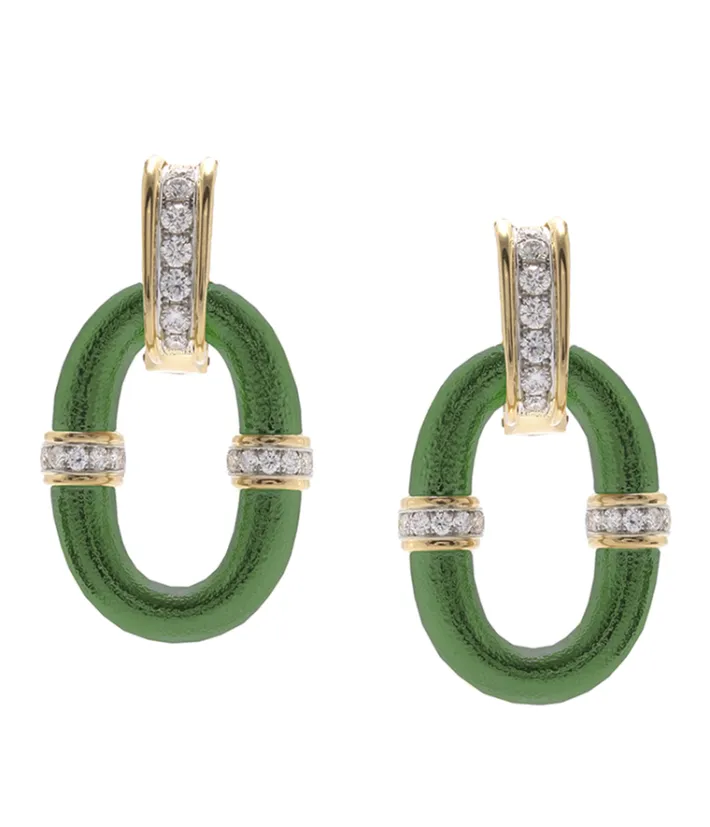 David Webb Earrings*Enamel Oval Link Earrings, Green
