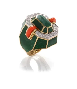 David Webb Rings*Facet Ring, Coral, Green Enamel