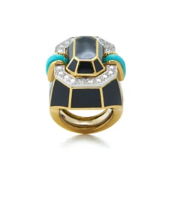 David Webb Rings*Facet Ring, Turquoise, Black Enamel