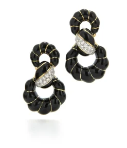 David Webb Earrings*Fancy Hoop Earrings, Black Enamel