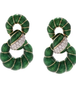 David Webb Earrings*Fancy Hoop Earrings, Green Enamel
