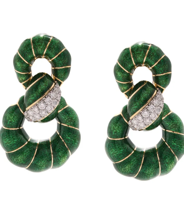 David Webb Earrings*Fancy Hoop Earrings, Green Enamel
