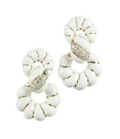 David Webb Earrings*Fancy Hoop Earrings, White Enamel