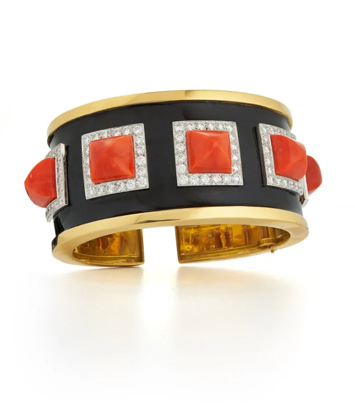 David Webb Bracelets*Five Stone Bastille Cuff, Coral, Black Enamel