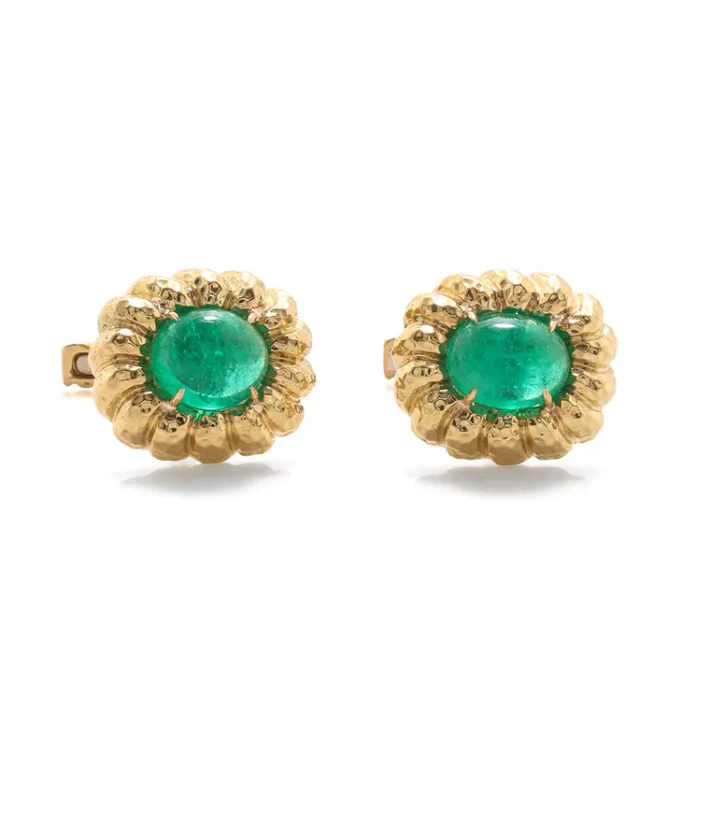 David Webb Cuff Links*Fluted Gold Framed Cuff Links, Emerald